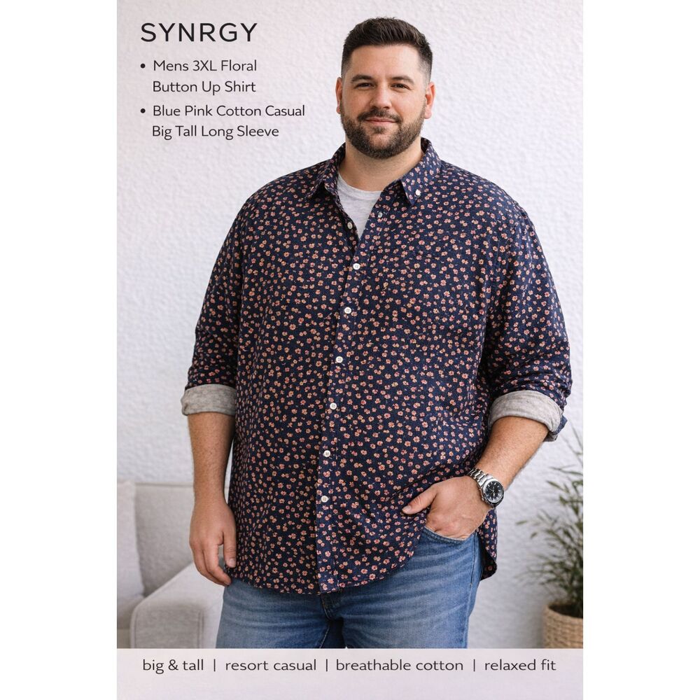 Synergy Mens 3XL Floral Button Up Blue Pink Cotton Casual Big Tall Long Sleeve